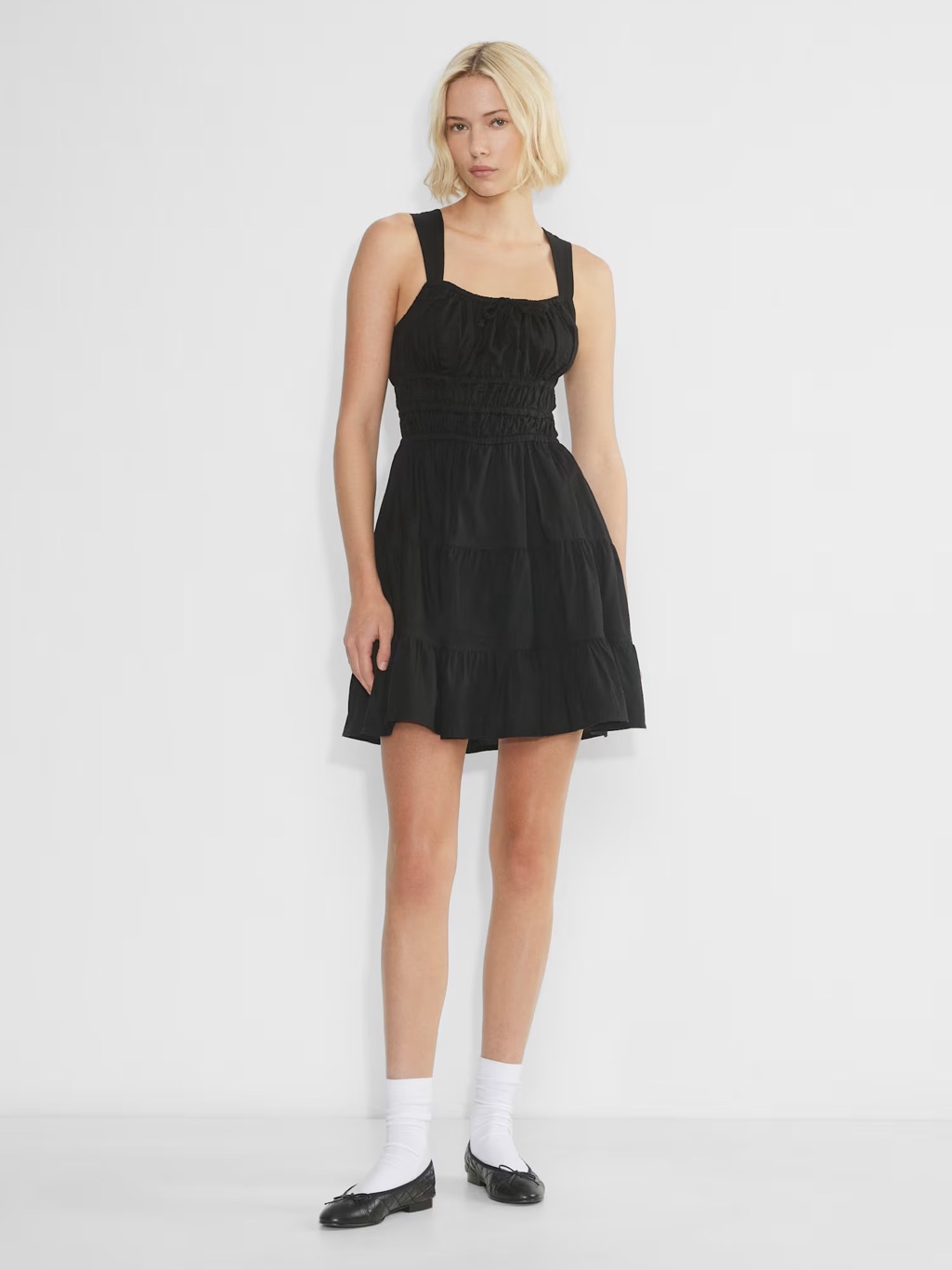Aritzia Black Smocked Square-Neck Tiered Mini Dress